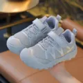 Children's light grey waterproof outdoor sports sneakers with durable Velcro straps - 23 / Leather Texture / Silver