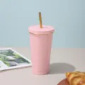 Insulated pink stainless steel tumbler with a luxury gold-rimmed lid and straw. - Pink [Gold Trim]