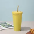 Yellow double-wall stainless steel tumbler with straw and gold rim detailing - Yellow [Gold Trim]