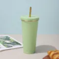 Mint green stainless steel insulated coffee tumbler cup with gold rim and straw - Green [Gold Trim]