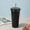 Insulated matte black stainless steel coffee tumbler with gold rim lid and straw - Black [Gold Trim]