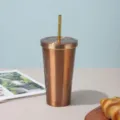 Double-walled stainless steel tumbler with gold rim and straw in bronze finish. - Gold [Gold Trim]
