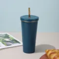 Premium matte blue double-wall vacuum insulated stainless steel tumbler with gold straw - Dark Blue [Gold Trim]