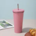 Large capacity pink double-layer vacuum stainless steel tumbler with a reusable metal straw - Pink [Black Trim]