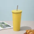 Double-wall stainless steel tumbler with straw in vibrant yellow finish - Yellow [Black Trim]
