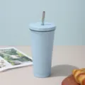 Light blue double-wall stainless steel vacuum tumbler with reusable straw for coffee travel - Light Blue [Black Trim]