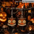 Halloween wooden owl earrings close-up, 2D flat jester hat design with spiral eyes detail. - Owl Jester Hat Printed Style (she5074)