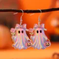 Halloween bunte holografische Geist Acryl Ohrringe mit süßer Schleife für Party Schmuck. - Irisierender Schleife-Geist mit Kürbis (4664)