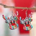 Kerst houten kleurrijke rendier oorbellen, Y2K schattige elandhangers voor winterfeest - Rode Neus Rendier Stijl (3881) / Geschilderd