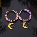 Halloween Polymer Ton Creolen Ohrringe mit Mond Fledermaus Anhänger Gothic Schmuck Damen - Mond