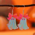 Halloween süße Geist Acryl Ohrringe mit pinker Schleife und Sternen Gothic Party Schmuck - Blauer Geist mit Pink-Orange Schleife (4669)