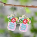Pendientes colgantes de madera tarro de flores para el día de la madre regalo mujer - Estilo Ramo de Tarro Mason (4339)