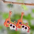 Holz Tag der Toten Gitarre Totenkopf Ohrringe mit Mexikanischem Hut für Festival Party. - Gitarre Und Totenkopf Stil (4372)