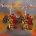 Close-up detail view of African style Juneteenth wooden tree of life pendant earrings. - Style Two (3224)