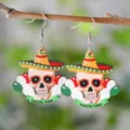 Hölzerne Tag der Toten Totenkopf Sombrero Ohrringe für das Festival Party Dekor - Zuckerschädel Text Stil (4377)