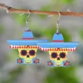Mexikanischer Tag der Toten Totenkopf Holz Ohrringe mit Sombrero Hut festlicher Schmuck - Folklore Sombrero Schädel Stil (4378)