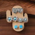 Western cowboy style turquoise earring set featuring cute cactus card display vintage silver metal jewelry - Style 1