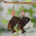 Wooden African queen profile earrings with geometric patterns, ethnic drop dangle jewelry. - Headwrap Queen Portrait Style(4490)
