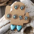 Bohmische Turkis Kaktus Ohrstecker Set fur Damen, Vintage Legierung Schmuck Set 4tlg - Türkis Kaktus Sonnenblume Herz Ohrring Set (Y925)