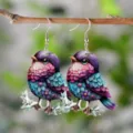 Colorful Bird Acrylic Dangle Earrings Purple Floral Animal Drop Jewelry For Women - Flower Branch Bird Style (4619)