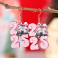 2025 New Year Wooden Earrings Disco Ball Bow Pendant Festive Holiday Drop Earrings Jewelry - Pink Bow Disco Ball Style (3780)
