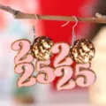 2025 New Year disco ball earrings pink glitter wooden drop earrings holiday party gift - Pink Glitter Number 2025 Style (3781)