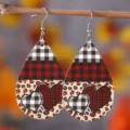 Valentinstag Herz Leo Muster Tropfen PU Leder Ohrringe mit Karo Design Modeschmuck - Schwarz Weiß Gitter Leopard Patchwork Stil (274)