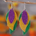 Mardi Gras glitter kunstleder oorbellen groen goud paars driedubbele laag blad stijlen - Groen Goud Paars Glitter Stijl (2295)