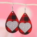 Rot-schwarze Karo-Tropfenohrringe mit glitzerndem Silberherz für Damen Modeschmuck - Rot Schwarz Kariert Glitzer Herz Stil (269)