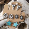 Retro Western Stil Legierung Ohrstecker Set mit Stierschädel und Türkis Stern Motiven. - Vintage Stierkopf Hufeisen Sonnenblume Türkis Stern Ohrring Set (Y927)