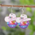 Wooden disco ball cowboy hat earrings, festival party western style cute dangle earrings. - Pink Disco Ball Cowboy Hat Style (4316)