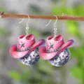 Pink disco cowboy hat wooden drop earrings, perfect for music festival party and western style gifts. - Light Pink Cowboy Hat Disco Ball Style (4319)