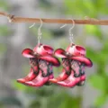 Pink Cowboy Hat and Boots Wooden Dangle Earrings, Western Style Festival Jewelry Variant - Pink Cowboy Hat and Boots Style (4320)