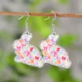 Lindos pendientes de conejo de Pascua de madera con lazos de colores y texto, estilo colgante. - Estilo Conejo Vibras de Pascua (4305)