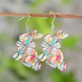 Pendientes de madera de conejo de Pascua, colgante colorido de doble cara con lazo. - Estilo Conejo Lazo de Lunares (4306)