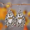 Western leopard sunflower cow skull teardrop earrings PU leather fashion jewelry. - Style 774