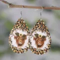 Fashion leopard print highland cow teardrop earrings, double-sided PU leather dangle. - Style 702