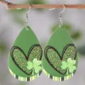 Orecchini a goccia in pelle PU verde San Patrizio quadrifoglio cuore motivo leopardo variante - Stile Cuore Leopardato Sfondo Verde (346)