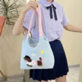 Cute quilted tote bag with puppy embroidery, contrast color straps, casual student shoulder bag. - Blue