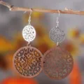 Pendientes colgantes de madera y plata estilo bohemio, joyas de otoño elegante regalo. - Estilo Empalme Patrón Disco Hueco (3573)