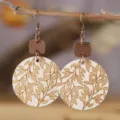 Pendientes colgantes de madera con estampado de hojas boho circulares cobre joyería - Estilo Empalme Hoja Cuadrada Disco Redondo (3572-1)