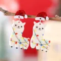 Christmas Santa hat alpaca acrylic dangle earrings, cute cartoon festive party jewelry gifts. - Alpaca Style (3625)