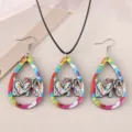 Wooden love heart graffiti pendant necklace and teardrop earrings jewelry set for women. - Colorful Heart Love Style