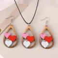 Wooden teardrop heart necklace earrings set, romantic Valentine jewelry gift for women. - Pink Red White Layered Heart Style