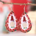 Christmas Gnome Teardrop PU Leather Earrings Festive Red Poinsettia Drop Earrings for Women - Gnome Floral Style (3696)