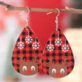 Christmas buffalo plaid teardrop leather earrings with cute reindeer and snowflake print. - Plaid Reindeer Style (3697)