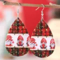 Christmas Gnome Teardrop PU Leather Earrings Red Plaid Holiday Drop Earrings For Women - Plaid Gnome Style (3698)