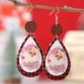 Navidad Cuadros Santa Cuero Gota Pendientes Festivo Madera Gancho Joyeria Mujer - Estilo Papá Noel Cuadros Rojo Negro (1623)