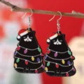 Pendientes colgantes de madera de gato negro de Navidad árbol de fiesta joyas festivas - Gato Negro Con Luces / Patrón 1664