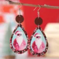 Hermosos pendientes colgantes de cuero en gota de Papá Noel copo de nieve madera - Estilo Papá Noel Rejilla Fina (1624)